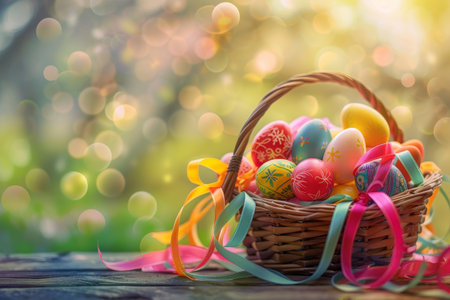 A Colorful Array of Easter Eggs Nestled in a Wicker Basket, Adorned with Brightly Colored Ribbons, Celebrating the Joy of Springの素材