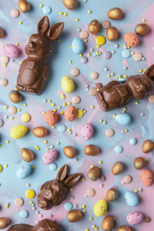 A Delightful Easter Scene Filled with Chocolate Bunnies and Colorful Candies Sprinkled Across a Pastel Backgroundの素材