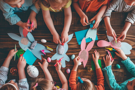A Whimsical World of Creativity: Children Gather Around a Table Adorned with Colorful Easter Bunny Paper Crafts, Scissors, and Glitterの素材