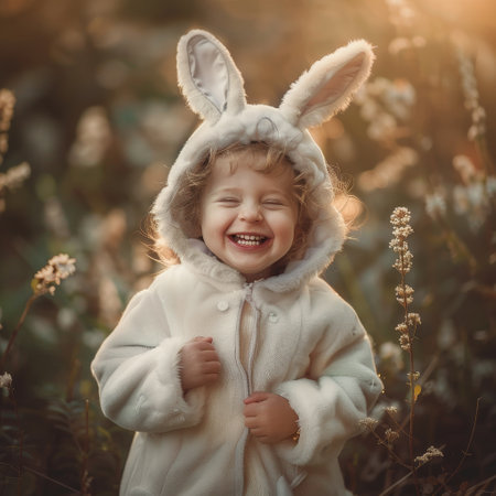 A Joyful Moment Captured: A Young Child Giggling Delightfully While Dressed in an Adorable Bunny Costume for Easterの素材