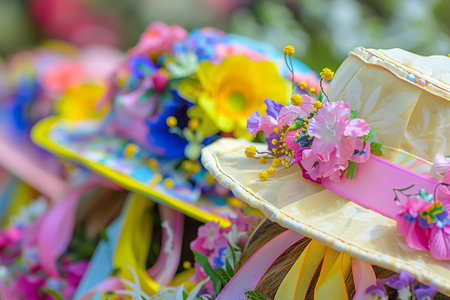 A Colorful Parade of Easter Bonnets and Hats: Celebrating Spring with a Flourish of Flowers, Ribbons, and Pastel Huesの素材