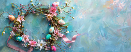A Burst of Spring: A Delicately Crafted Floral Wreath Adorned with Vibrant Easter Eggs and Graceful Ribbons Twirling in the Breezeの素材