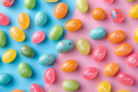 A Vibrant Array of Colorful Easter Jelly Beans Scattered Joyfully Across a Pastel Background, Celebrating the Sweetness of Springの素材