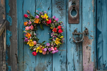 A Symphony of Spring Colors: A Bright and Cheerful Easter Wreath Adorning a Rustic Wooden Door, Welcoming the Season of Renewalの素材