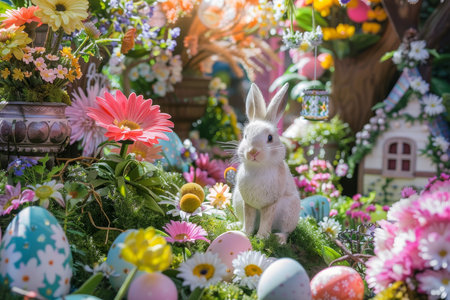 A Magical Easter Wonderland: An Enchanted Garden Brimming with Colorful Eggs, Whimsical Bunnies, and Blooming Spring Flowersの素材