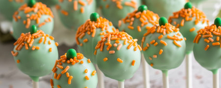 Delightful Easter Carrot Cake Pops Decorated with Orange Sprinkles and Green Icing to Mimic Tiny Carrots, Perfect for Spring Celebrationsの素材