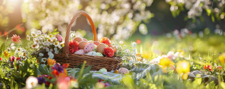 A Family's Easter Picnic Basket Brimming with Colorful Eggs, Fresh Spring Flowers, and Homemade Treats Under the Warmth of a Sunny Dayの素材