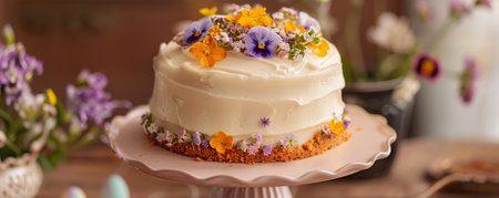 A Delightful Easter Carrot Cake Adorned with Cream Cheese Frosting and Edible Flowers, Proudly Displayed on a Vintage Cake Standの素材