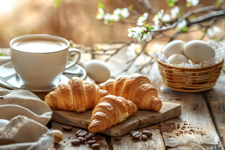 A Serene Easter Morning Scene: Freshly Brewed Coffee Paired with Golden-Brown Croissants on a Rustic Wooden Tableの素材