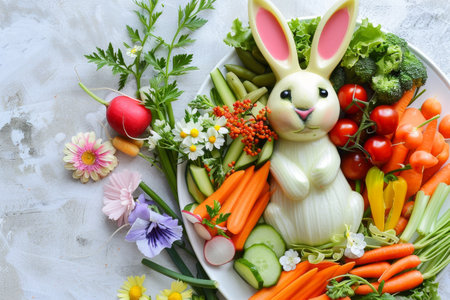 A Delightful Easter Feast for the Eyes: A Bunny-Shaped Veggie Platter Overflowing with Colorful Spring Vegetablesの素材