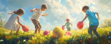 Joyful Children Engaged in a Spirited Easter Egg Rolling Game on a Bright Spring Morningの素材