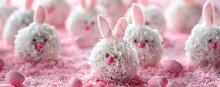 Delightful Easter Treats: Adorable Bunny Tail Cake Balls Decorated with Coconut Fluff and Pink Sprinklesの素材