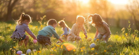 As the Sun Peeks Over the Horizon, Children Embark on a Joyful Quest for Hidden Treasures in the Early Morning Easter Egg Huntの素材