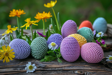 Handcrafted with Love: Colorful Crochet Easter Egg Covers Adorning a Rustic Wooden Table, Bringing a Cozy, Festive Spirit to the Spring Seasonの素材
