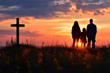 As the Sun Rises on Easter Morning: A Silhouette of a Family Gathered in Prayer and Reflection at the Dawn Serviceの素材