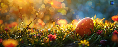 A Serene Easter Morning: The Golden Rays of Dawn Gently Caressing a Colorful Easter Egg Nestled in Fresh Spring Grassの素材