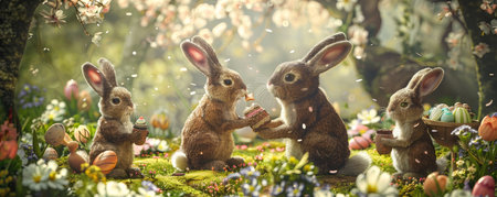 A Heartwarming Scene of Friends Gathered Around, Sharing Laughs and Easter Chocolates Under the Spring Sunの素材