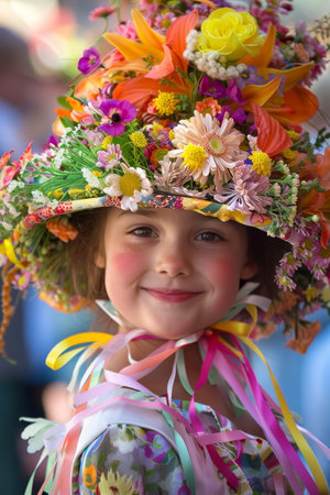A Parade of Spring: Children and Adults Alike Show Off Their Creatively Decorated Easter Bonnets Adorned with Colorful Flowers and Ribbonsの素材