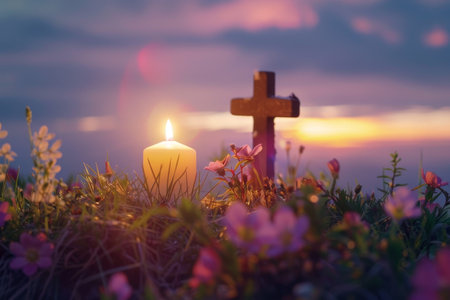 A Solemn Easter Morning: The First Light of Dawn Gently Illuminates a Candle Adorned with a Cross, Symbolizing Hope and Renewalの素材