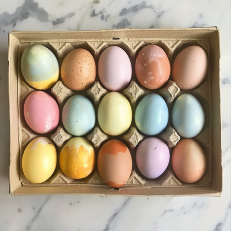 A Nostalgic Journey Back in Time: Vintage Easter Egg Dye Packets Lined Up, Showcasing a Rainbow of Pastel Possibilitiesの素材