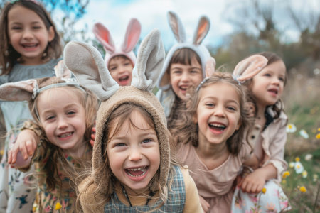 A Joyful Gathering of Little Bunnies: Children Wearing Bunny Ears and Laughing Together in the Warm Embrace of Springの素材