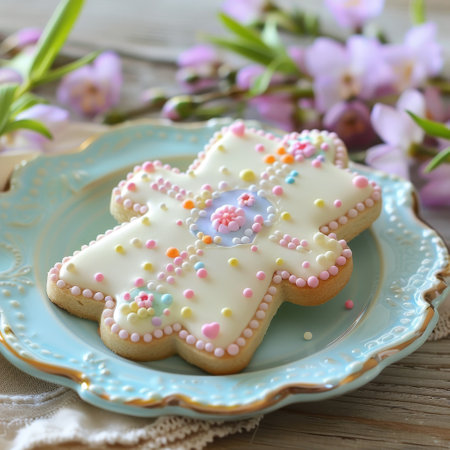A Delicate Cross-Shaped Easter Cookie Adorned with Pastel Royal Icing, Sprinkles, and a Touch of Spring's Promiseの素材