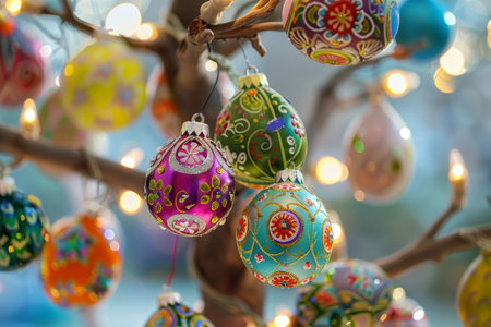 A Glorious Morning Shines Upon a Whimsically Decorated Easter Egg Tree, Casting a Warm Glow Over Each Colorful Ornamentの素材