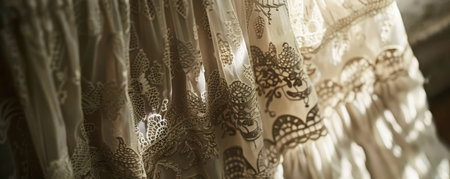 A Delicate Dance of Shadows and Light: The Exquisite Lace Detailing Captured on an Easter Sunday Dress in Close-upの素材