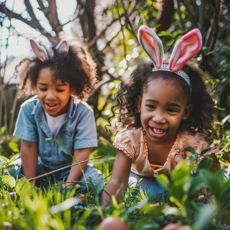Joyful Children Celebrating Easter Sunday by Wearing Adorable Bunny Ear Headbands and Searching for Hidden Eggs in the Gardenの素材