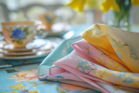 A Symphony of Spring: Pastel-Colored Easter Napkins and Tablecloths Adorn a Festive Table, Inviting the Joy of the Seasonの素材
