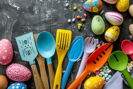 Bright and Colorful Easter-Themed Spatulas and Kitchen Gadgets Perfectly Laid Out for the Spring Holiday Cooking Extravaganzaの素材