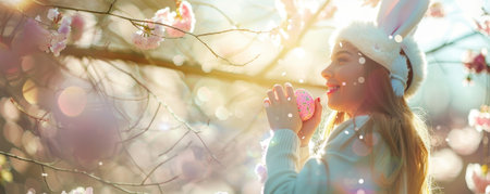 A Joyful Woman Dressed in a Fluffy Bunny Costume Generously Distributes Colorful Easter Treats to Delighted Children Under a Bright Spring Sunの素材