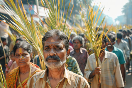 A Solemn Procession Under the Spring Sun: Devotees Carrying Palm Branches in a Symbolic Gesture of Faith and Renewalの素材
