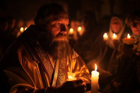 A Solemn Gathering of Faithful Souls Illuminated by the Warm Glow of Candles, Engaging in the Sacred Reading of the Easter Story on Holy Saturday Eveningの素材