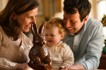A Heartwarming Easter Morning: Parents and Their Child Sharing Laughter and Love Over Chocolate Bunniesの素材