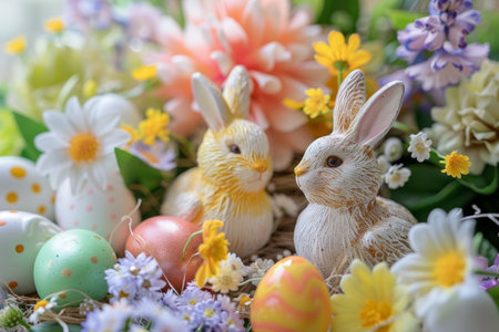 A Whimsical Easter Celebration: Adorable Bunny and Chick Figurines Surrounded by Colorful Eggs and Spring Flowersの素材