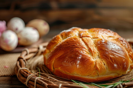 A Warm, Golden-Brown Loaf of Freshly Baked Easter Bread, Beautifully Adorned with a Flour-Dusted Cross, Sits Cooling on a Rustic Wooden Tableの素材
