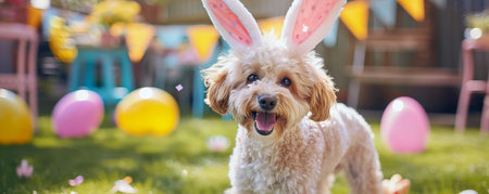 A Joyful Easter Celebration Captured: The Family Dog Dons Bunny Ears, Bringing Smiles to Everyone's Facesの素材