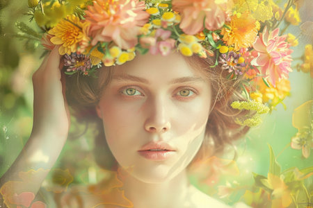 A Radiant Lady Adorned with a Vibrant Spring Flower Crown Celebrates the Joyful Spirit of Easterの素材
