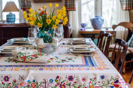 A Vibrant Display of Tradition and Craftsmanship: The Intricately Cross-Stitched Easter Tablecloth Adorning the Family Dining Roomの素材