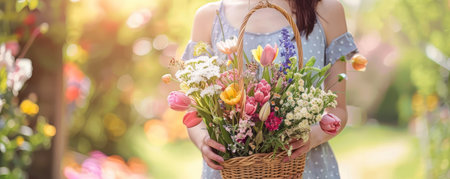 A Serene Spring Morning Captured: Woman Gracefully Holding a Basket Overflowing with Vibrant Fresh Flowers, Symbolizing the Rebirth and Beauty of Easterの素材