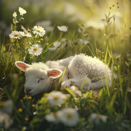 A Serene Spring Morning Captures the Essence of Easter with a Gentle Lamb Lying Peacefully Amongst the Fresh, Lush Grassの素材