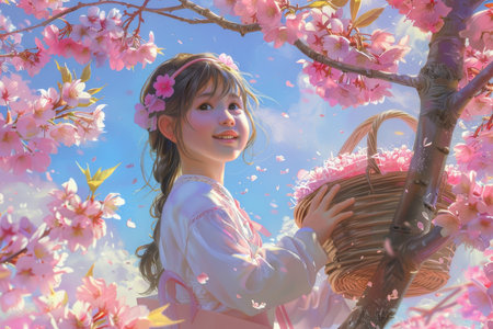 A Young Girl Embraces the Joy of Easter, Holding a Picnic Basket Amidst the Enchanting Cherry Blossoms in Full Bloomの素材
