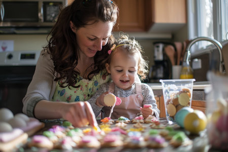 A Heartwarming Moment Captured as a Mother Lovingly Teaches Her Child the Art of Decorating Easter Cookies in Their Cozy Kitchenの素材
