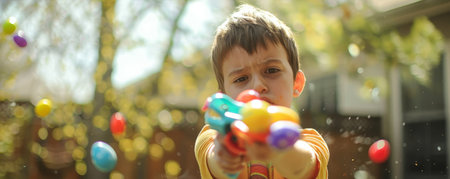 A Young Inventor's Triumph: Boy Showcases His Ingenious DIY Easter Egg Launcher in the Backyard, Ready for a Festive Battleの素材