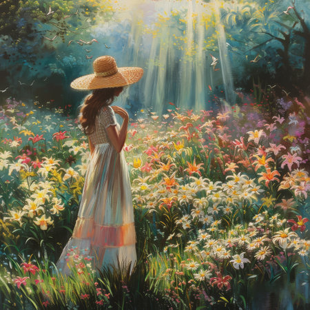 A Serene Spring Morning: A Woman Embracing the Warmth of the Sun Amidst a Garden Full of Blooming Liliesの素材