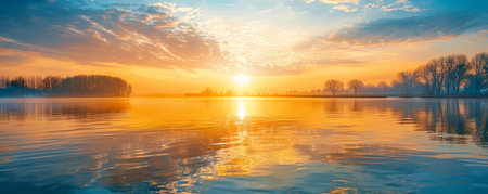 A Serene Easter Morning: The Golden Sunrise Reflecting on the Calm Waters of a Lake, Signifying Renewal and Hopeの素材