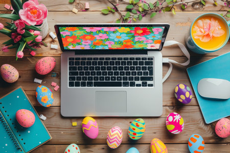 A Creative Professional Embraces the Festive Spirit by Working on a Laptop with a Colorful Easter Egg Mouse Padの素材