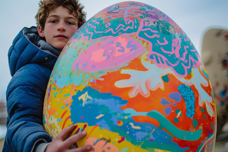 A Teenager's Easter Adventure: Captured in the Moment with a Giant, Vibrantly Decorated Egg in Handの素材