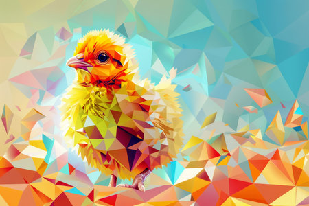 A Vibrant Easter Morning: A Digital Illustration of a Cute Chick Triumphantly Emerging from a Shattered Polygonal Eggの素材